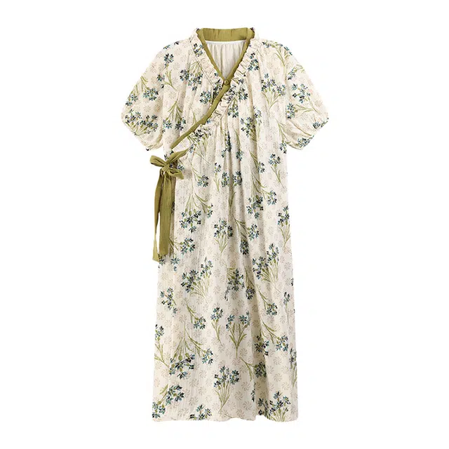 橡柠派 小清新带胸垫一体式开衫甜美时尚舒适短袖睡裙 女款 米色