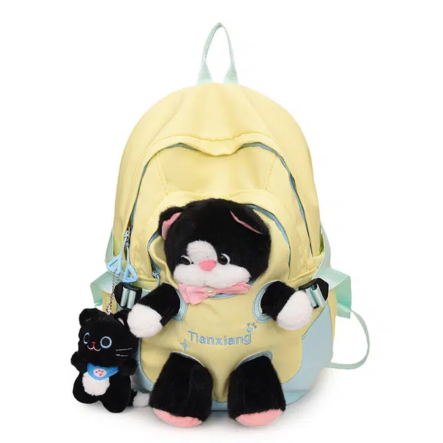 雅鹿 小学生小猫公仔玩偶书包百搭 尼龙 背包双肩包 女款 黄色/粉色/黑色