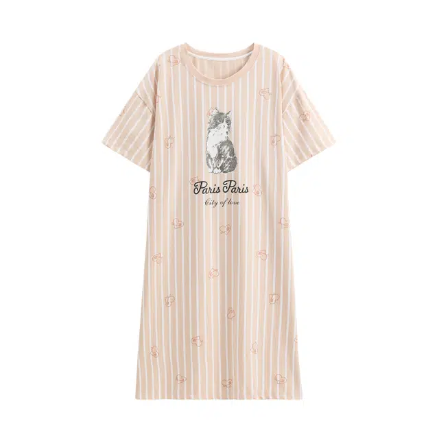 芬腾 休闲可外穿条纹可爱短袖睡裙 女款 虾粉