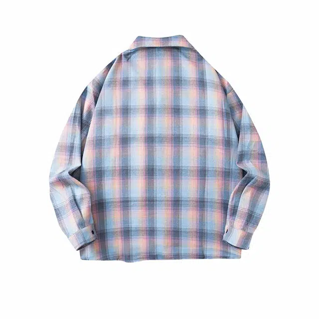 依文 美式基础款格子简约百搭通勤长袖衬衫 男女同款 蓝粉