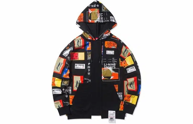 中国李宁 运动篮球系列 绘画元素撞色宽松连帽卫衣 男款 黑色