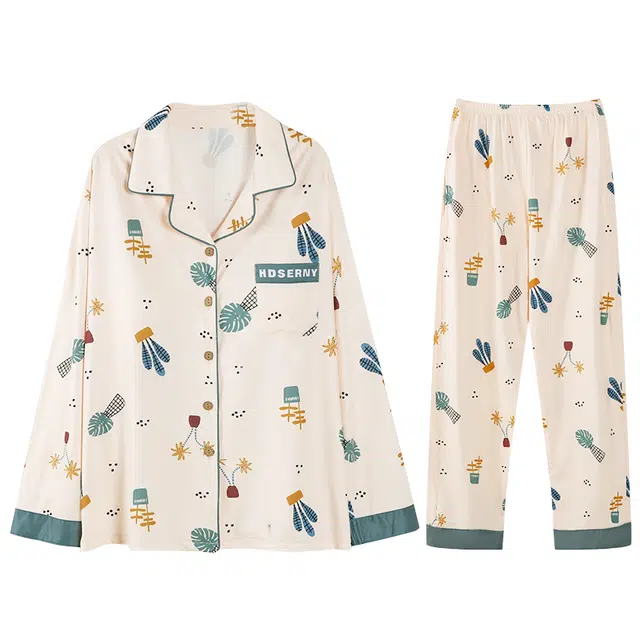 向薇 休闲透气带胸垫可外穿长袖长裤睡衣套装 女款 图片色