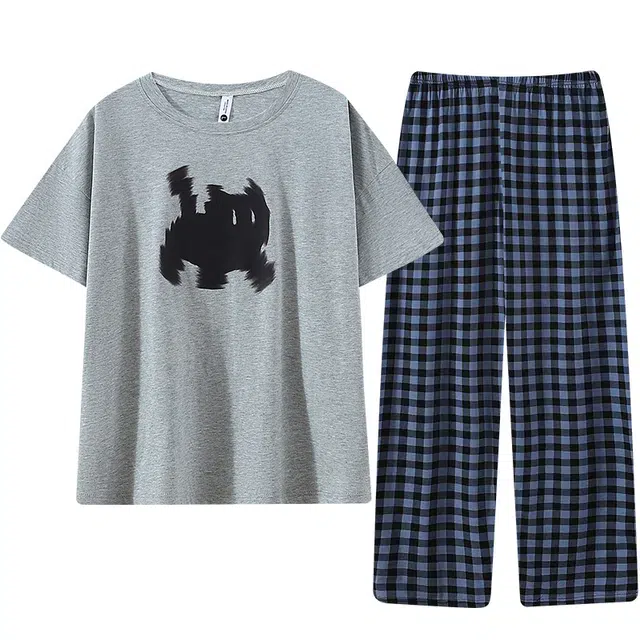 俞兆林 简约小黑猫时尚卡通圆领柔软亲肤短袖长裤休闲可外穿春夏季睡衣套装 女款 灰色