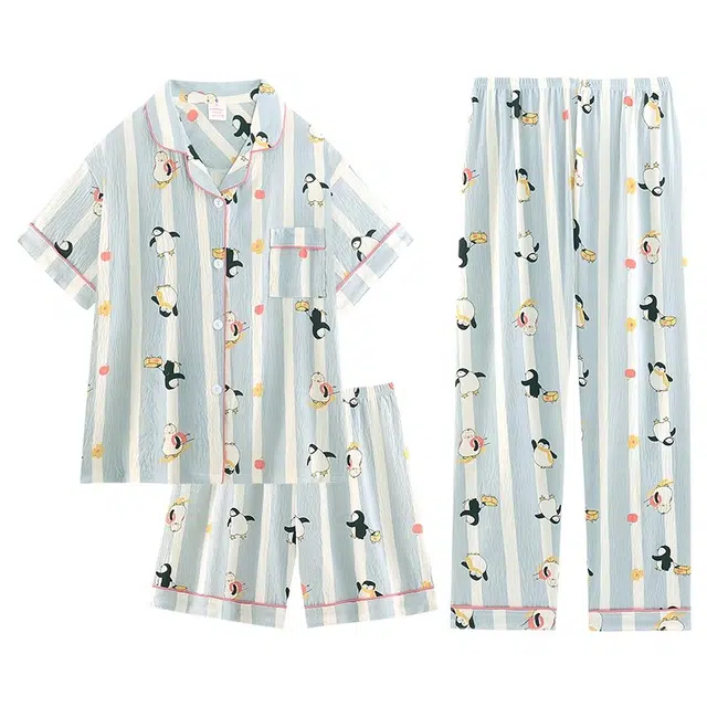 俏韵 休闲卡通企鹅短袖长裤睡衣套装 女款 蓝色