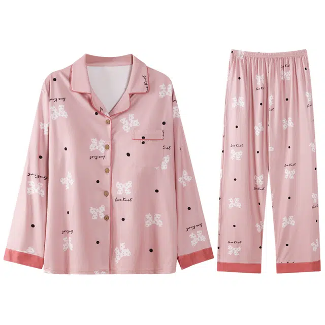 向薇 简约休闲带胸垫一体式长袖长裤睡衣套装 女款 图片色