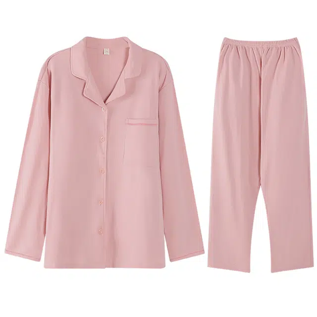 向薇 带胸垫舒适纯色长袖上衣家居服长裤睡衣套装 女款 图片色