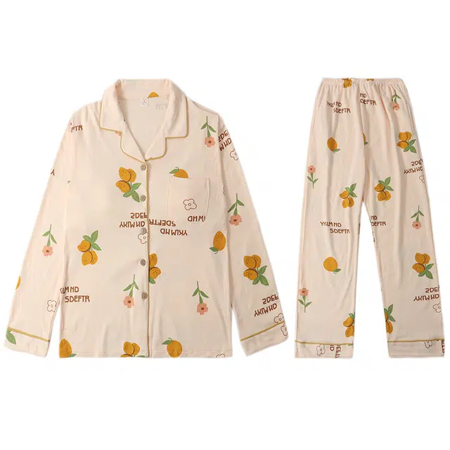 向薇 带胸垫舒适透气亲肤长袖上衣家居服长裤睡衣套装 女款 图片色