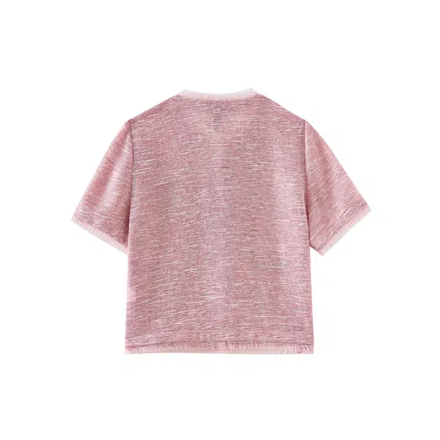 欧昵雪 亮丝小个子小香风百搭气质开衫截短外套 女款 深粉红