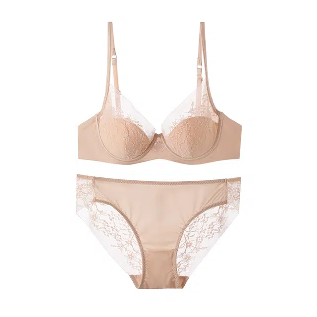 内在密码 法式蕾丝大胸显小薄款透气纯欲性感上托防下垂内衣裤套装 女款
