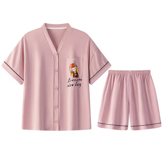 向薇 简约可外穿可爱短袖三分裤睡衣套装 女款 图片色