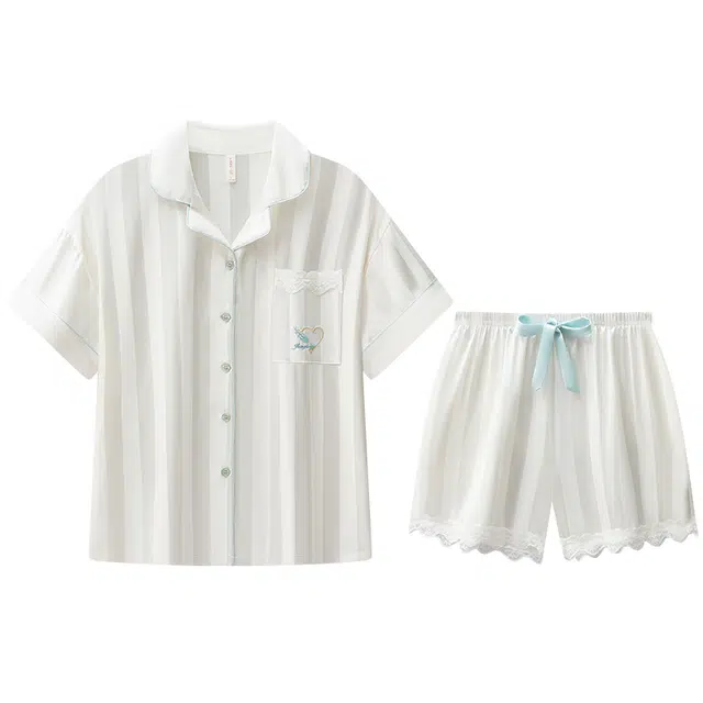 向薇 开衫休闲透气短袖三分裤睡衣套装 女款 图片色