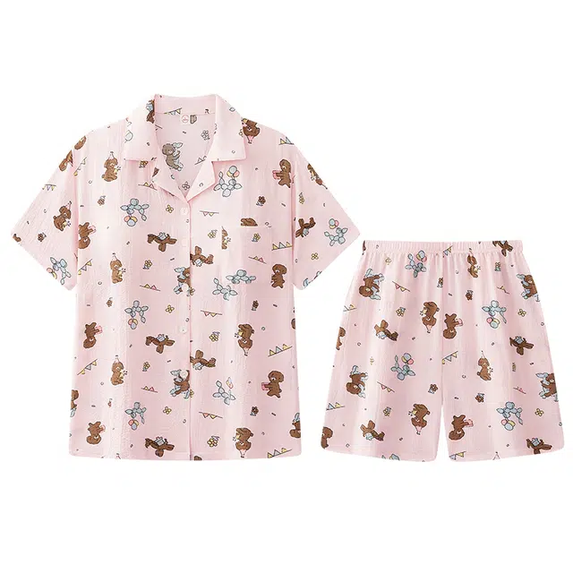 向薇 舒适可爱带胸垫一体短袖三分裤睡衣套装 女款 图片色