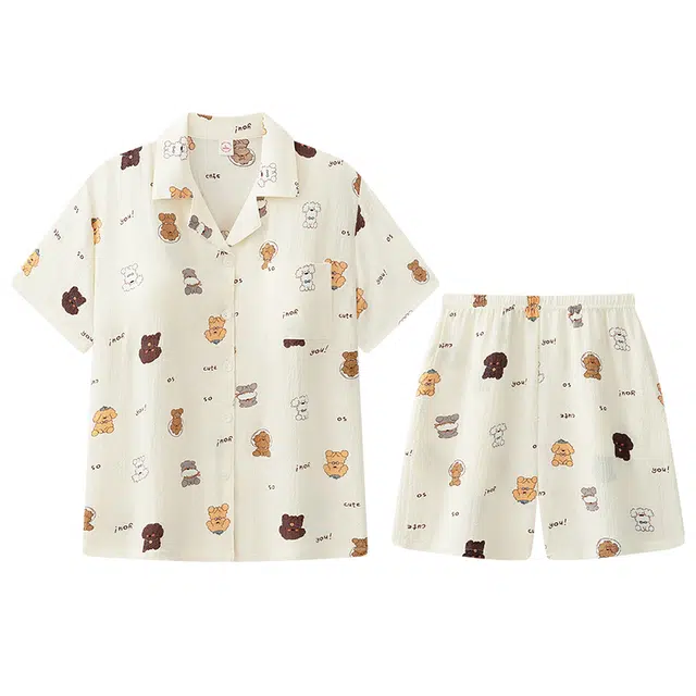 向薇 简约带胸垫一体开衫短袖三分裤睡衣套装 女款 图片色