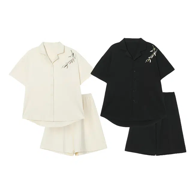 俏韵 简约亲肤舒适带胸垫翻领短袖休闲可外穿睡衣套装 男女同款