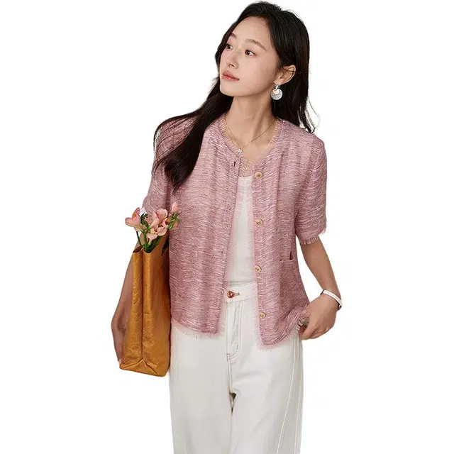 欧昵雪 亮丝小个子小香风百搭气质开衫截短外套 女款 深粉红