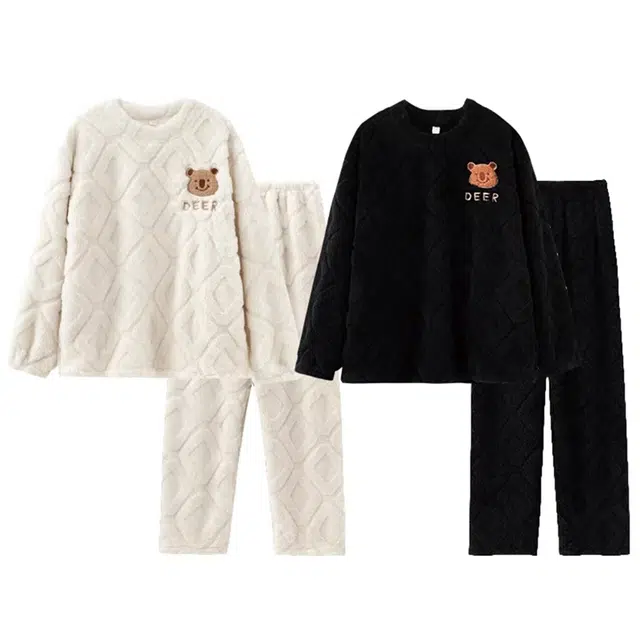 俏韵 简约亲肤舒适加厚卡通可爱小熊套头长袖休闲可外穿长裤睡衣套装 男女同款