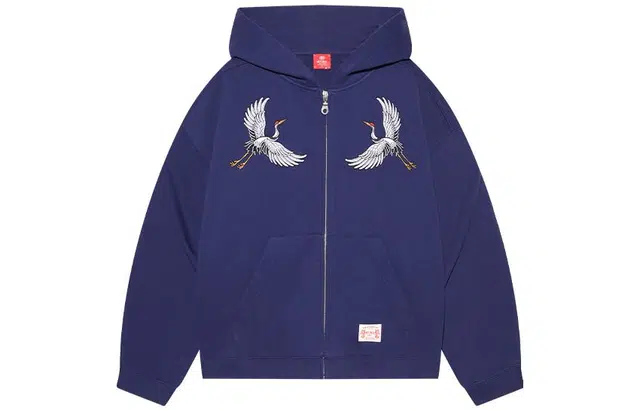 华人青年 仙鹤刺绣连帽拉链卫衣 男女同款 深蓝色