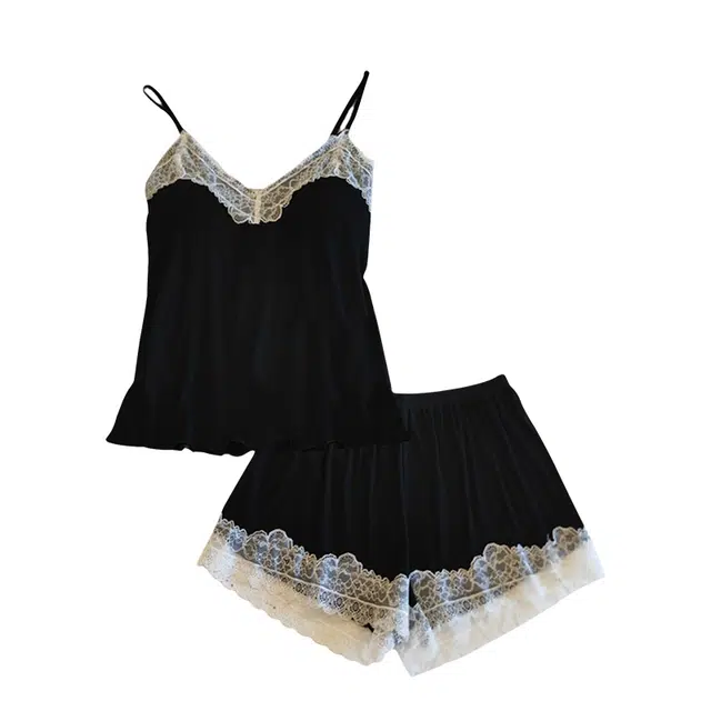 俏韵 带胸垫舒适吊带无袖上衣家居服外穿三分裤睡衣套装 女款 黑色