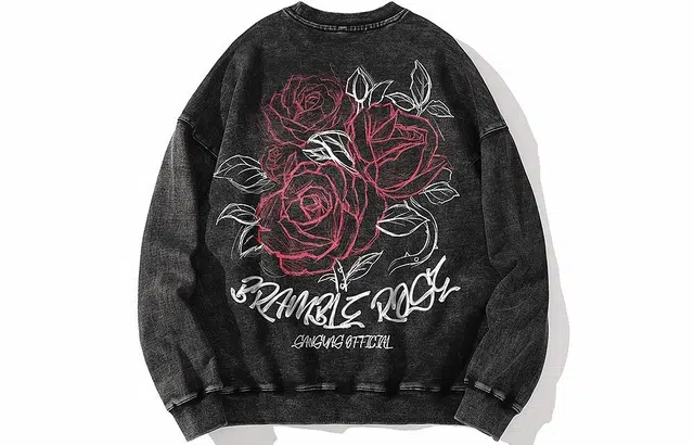 木村三社 素描玫瑰印花宽松圆领卫衣 男女同款 水洗黑