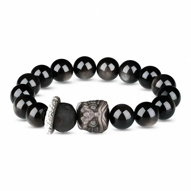 阿梵尼 新中式国潮好运醒狮 祥云跑环 招财纳福转运珠 足银平安扣 盘玩文玩 轻奢设计 黑曜石 手串 男款