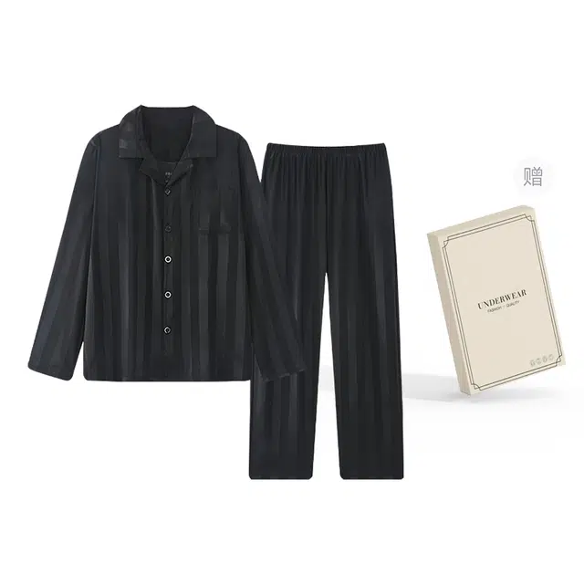俏韵 舒适休闲亲肤长袖薄款睡衣套装 男款 礼盒装 黑色