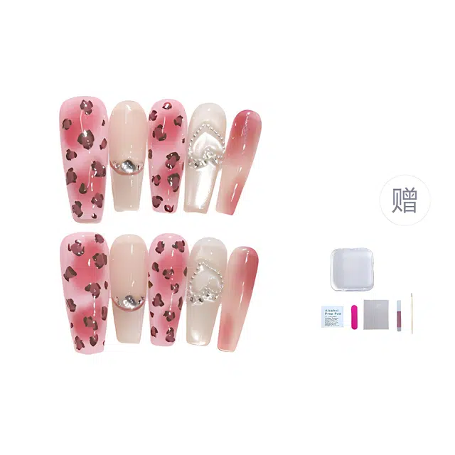 几多萌 【粉色豹纹】 个性穿戴甲手工甜酷辣妹粉红豹纹猫眼美甲珠帘爱心可拆卸碎钻甲片  梯型长款粉色晕染 细闪