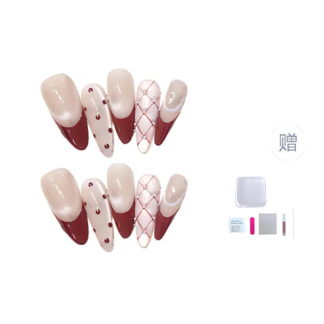 几多萌 【微笑风铃】 美甲穿戴甲手工酒红法式微笑猫眼风铃格波点假指甲贴片可拆卸  杏仁红色晕染 波点