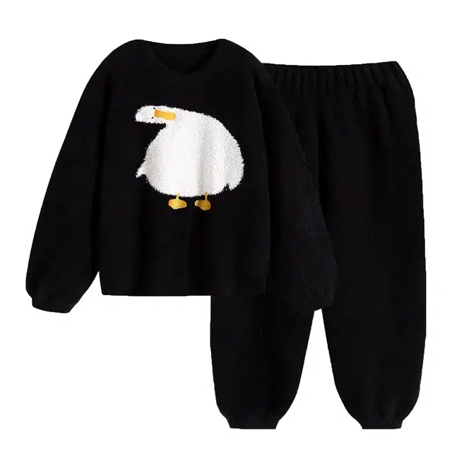 俏韵 半边绒加厚卡通长袖长裤家居服睡衣套装 女款 黑色
