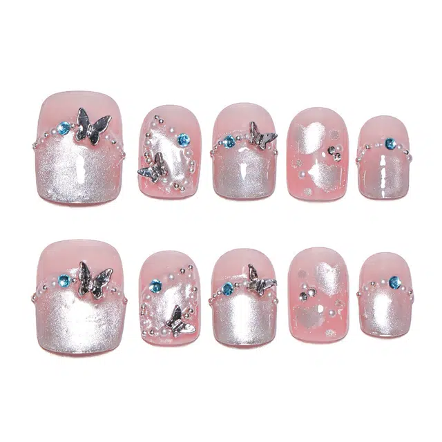 轻迎 立体蝴蝶  穿戴甲 短梯粉色裸色 法式 手工点钻