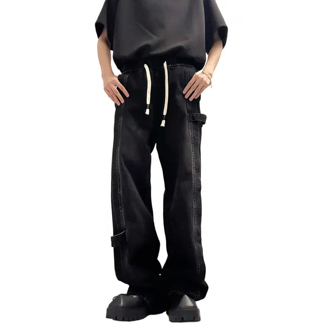 佐菲利 裁片拼接美式复古水洗做旧高街纽扣绑带直筒宽松百搭牛仔裤 男女同款