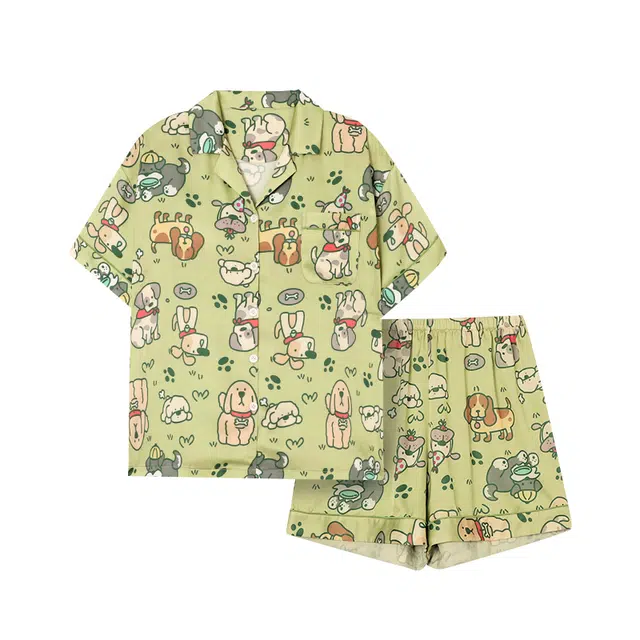 俏韵 亲肤透气涂鸦可爱带胸垫短袖睡衣套装 女款 绿色