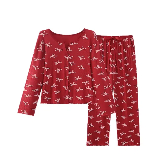 俏韵 本命年休闲舒适时尚长袖长裤可外穿家居服睡衣套装 女款 红色