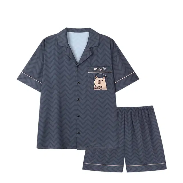 俏韵 亲肤简约短袖大码外穿舒适家居服睡衣套装 男款 蓝色