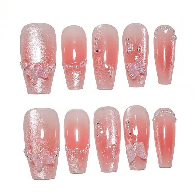 轻迎 极光立体蝴蝶猫眼高级感夏季点钻  穿戴甲 中梯裸色腮红晕染 纯欲