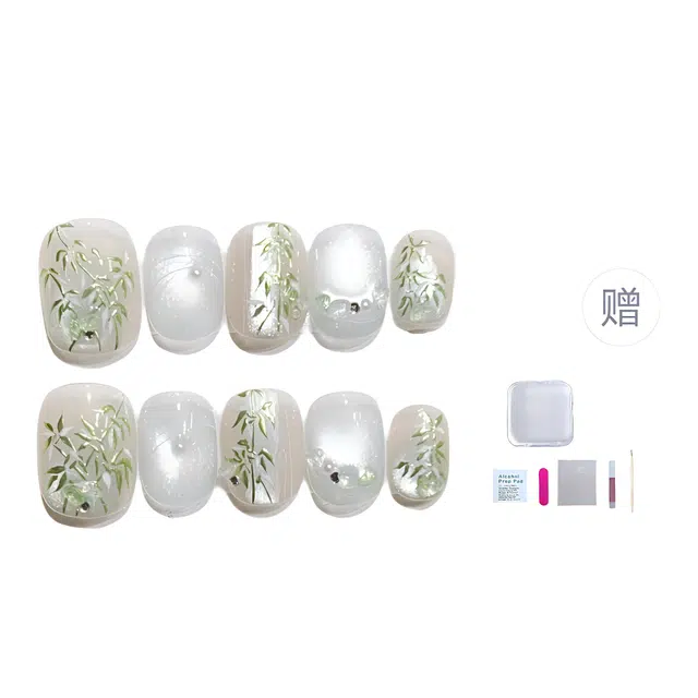 几多萌 【竹节魔镜】 穿戴甲高级感手绘 魔镜竹子灯盘猫眼拉线手工美甲  短方圆绿色裸色 国风