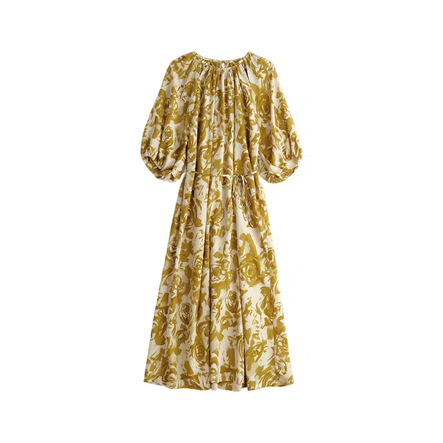 曲韩 法式浪漫玫瑰印花半袖雪纺裙子气质优雅收腰显瘦夏季短袖连衣裙 女款 黄色