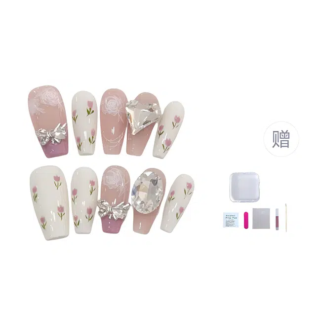 几多萌 【可爱小花】 手工高级感 法式爆闪钻可拆卸  穿戴甲 梯型长款粉色裸色