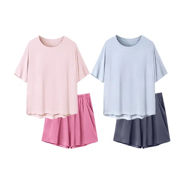 俏韵 凉感带胸垫休闲短袖薄款可外穿睡衣套装 男女同款