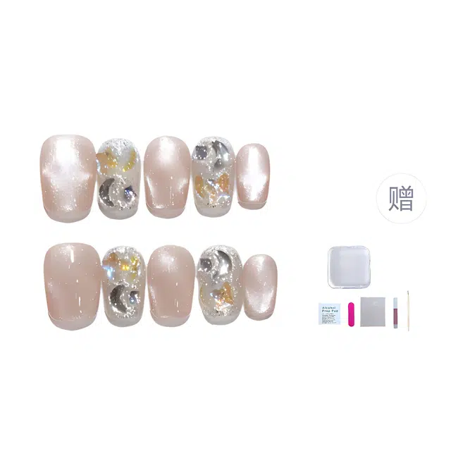 几多萌 【水波猫眼】 日常短款穿戴甲手工水光波纹猫眼美甲 碎钻假指甲贴可拆卸  短短梯粉色晕染 爆闪