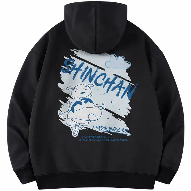 蜡笔小新 卡通小新字母印花休闲宽松连帽卫衣 男女同款