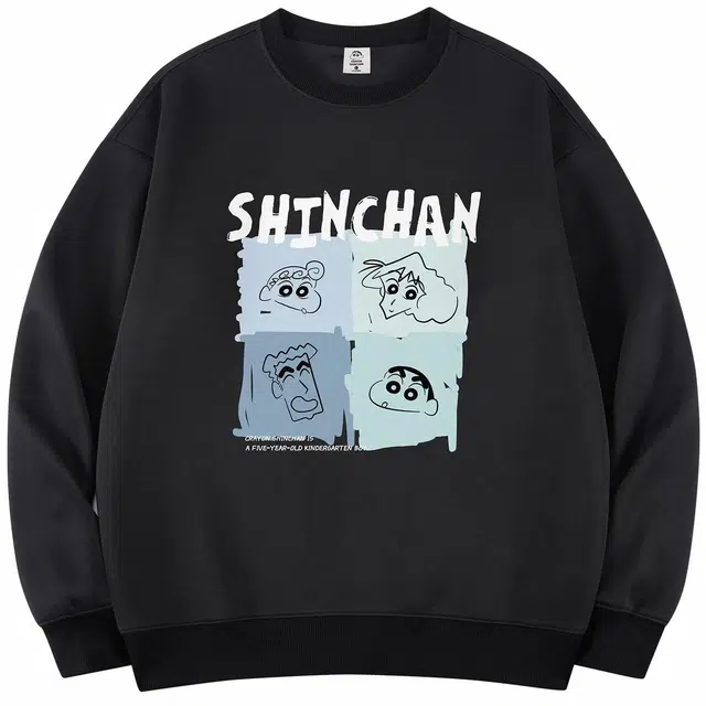 蜡笔小新 卡通小新四宫格全家福字母印花宽松套头圆领卫衣 男女同款