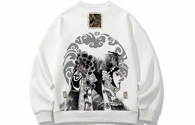 木村三社 水墨霸王别姬印花圆领套头卫衣 男女同款 白色