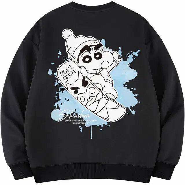 蜡笔小新 卡通小新滑雪字母印花宽松套头圆领卫衣 男女同款