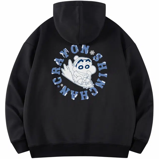 蜡笔小新 卡通小新雪花环形字母印花休闲宽松套头连帽卫衣 男女同款