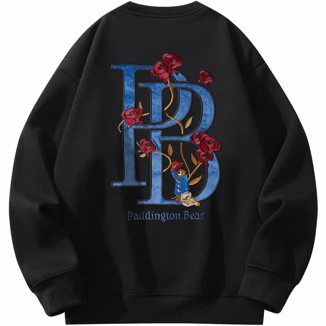 帕丁顿熊 卡通小熊绅士玫瑰高端刺绣宽松休闲圆领卫衣 男女同款