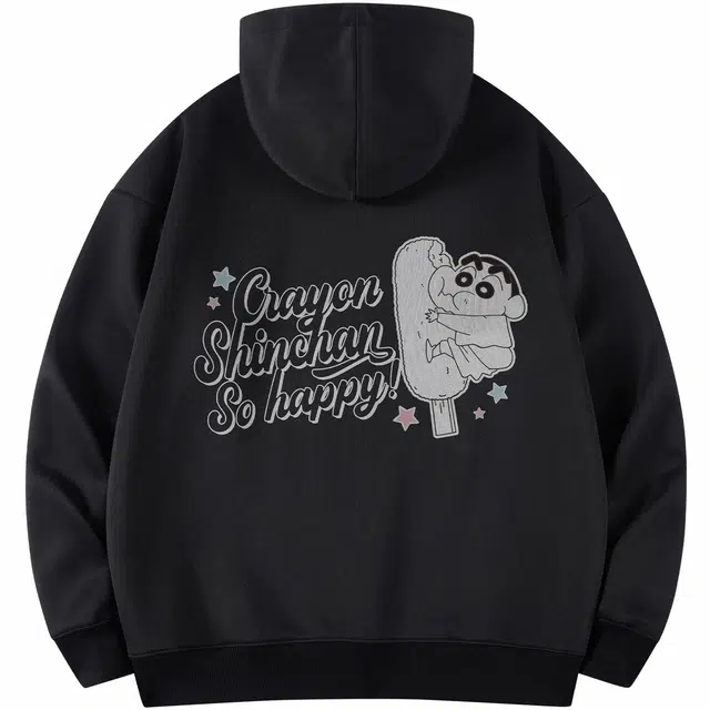 蜡笔小新 小新吃冰棍卡通字母印花休闲宽松套头连帽卫衣 男女同款