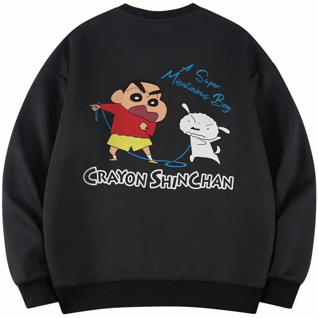 蜡笔小新 趣味卡通动漫人物字母印花宽松圆领套头卫衣 男女同款