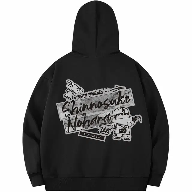 蜡笔小新 卡通小新嘻哈喊麦字母印花休闲宽松套头连帽卫衣 男女同款