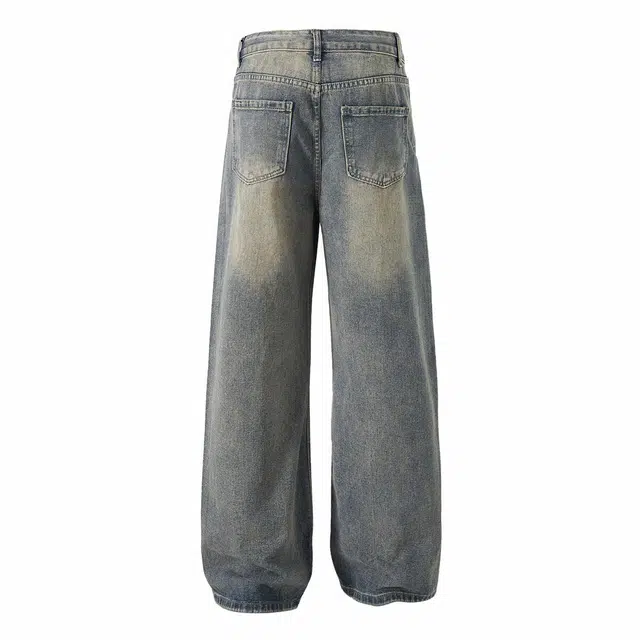 欧路得 美式水洗垂感潮牌宽松拖地高街直筒休闲牛仔裤 男款 复古蓝