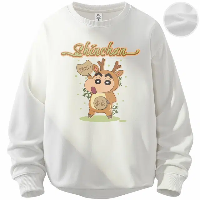 蜡笔小新 圣诞款趣味卡通麋鹿雪花字母印花休闲宽松套头圆领卫衣 男女同款